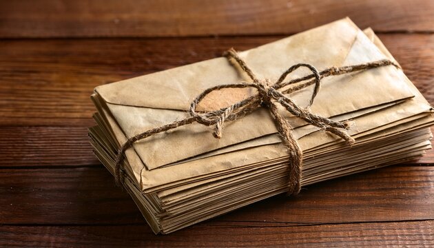 stack of vintage style envelopes tied with string on a wooden table
