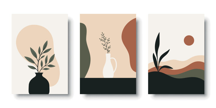 Boho Botanical Wall Art Set, Vector Illustration. Abstract Botanical Wall Art with Minimal Leaves and Organic Shapes. Neutral Botanical Wall Art for Modern Home Decor, Poster Collection