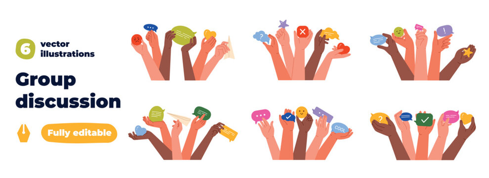 Raised hands with speech bubbles, reactions, votes, comments, feedback icons for group discussion, forum communication, teamwork, public opinion, isolated on white background vector illustration