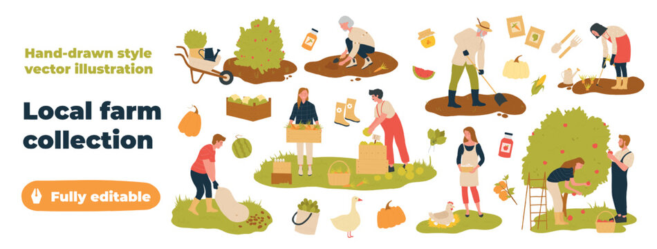 Hand-drawn farm collection with gardeners planting, digging, harvesting apples and vegetables, carrying produce crates, wheelbarrow, poultry, tools, pumpkins, jars, boots, baskets on white vector