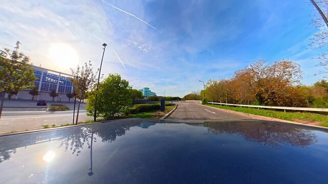 Car Roof Mounted Camera Unique and Ultra Wide Angle Footage of British Road Travel and Traffic. During Travel Car Was Passing Through Most of Cities Streets, Landscapes and Highways of England, UK