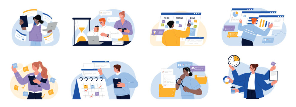 Project managers collection with office workers planning tasks, schedules, deadlines and teamwork scenes in flat style, isolated on white background vector illustration