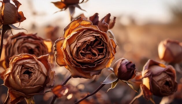 dried and withered brown roses in a garden dead flowers drooping due to extreme heat and drought