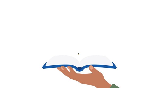 Flat Vector Illustration of Hand Holding Open Book with Graduation Toga Cap and Upward Arrow Isolated on White Background, Education Success and Knowledge Graphic
