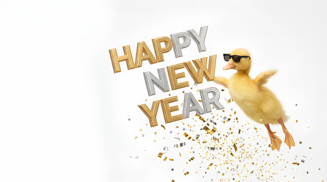 Happy New Year celebration with a cute duck wearing sunglasses on White Background