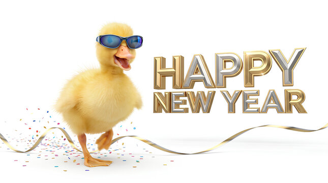 Happy New Year duckling wearing sunglasses on White Background with festive confetti and golden ribbon