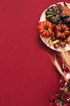 Thanksgiving Day vertical background with decorative pumpkins, nuts, berries and wheat on red. Cozy autumn harvest food poster template with empty copy space on left side for text or sale banner.
