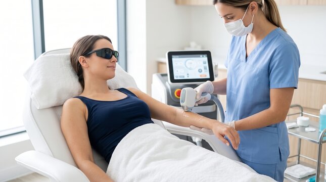 Woman receiving laser hair removal treatment on arm in clinic. Aesthetic skincare procedure with protective eyewear. Cosmetic dermatology and beauty care. Hair reduction care.