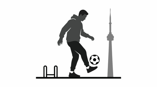 A minimalist flat vector illustration of a young athlete in a streetwear hoodie and joggers juggling a soccer ball on a Toronto urban rooftop. Clean white background with a simple grey CN Tower