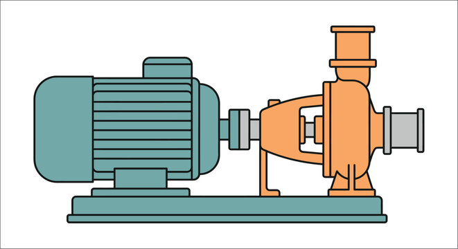 Centrifugal pump illustration depicts a teal motor connected to an orange impeller on a gray base industrial system fluid mechanics machinery engineering equipment mechanical process