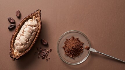 Obraz premium Fresh cocoa pod with beans and cocoa powder on a brown background. Essential ingredients for chocolate production, baking, and healthy food industry applications.