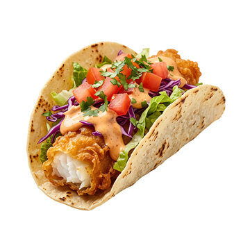 Crispy fried fish taco with fresh cabbage and tomato salsa isolated on transparent background