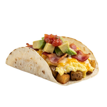 Breakfast taco with scrambled eggs bacon avocado and potatoes isolated on white background
