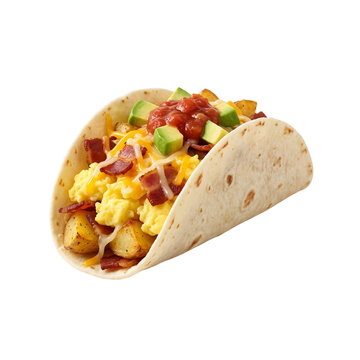 Breakfast taco with scrambled eggs bacon potatoes avocado and salsa on a flour tortilla