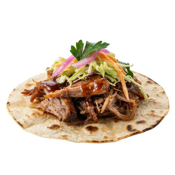 Pulled pork taco with barbecue sauce and coleslaw isolated on a transparent background