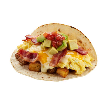 Breakfast taco with scrambled eggs bacon avocado and potatoes isolated on transparent background