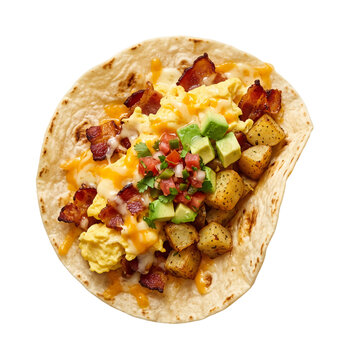 Breakfast taco with scrambled eggs bacon avocado and potatoes on a flour tortilla