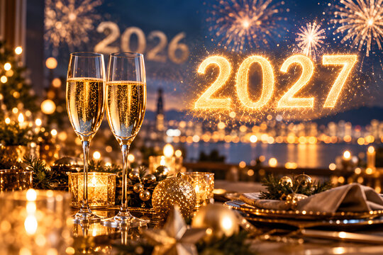 Elegant New Year 2027 celebration with sparkling crystal glasses, glowing 2026 to 2027 transition, golden bokeh, fireworks and festive table in a luxurious midnight setting.