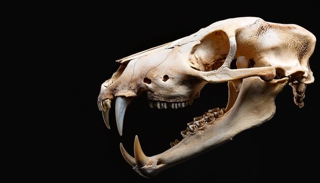 a close up view of a saber toothed tiger skull on a black background