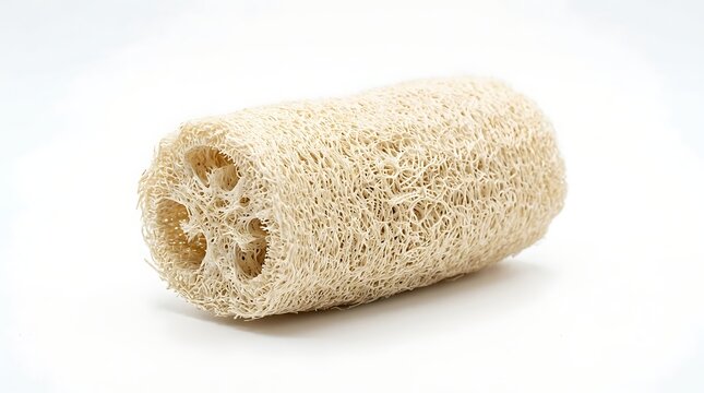 Loofah Sponge: A natural loofah sponge, perfect for exfoliating and promoting healthy skin, sits on a clean white surface, ready for a refreshing shower.