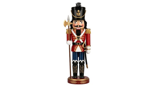 Festive Nutcracker Soldier: A classic nutcracker soldier, adorned in a vibrant red uniform with gold accents and a tall black hat, stands proudly, holding a ceremonial axe.