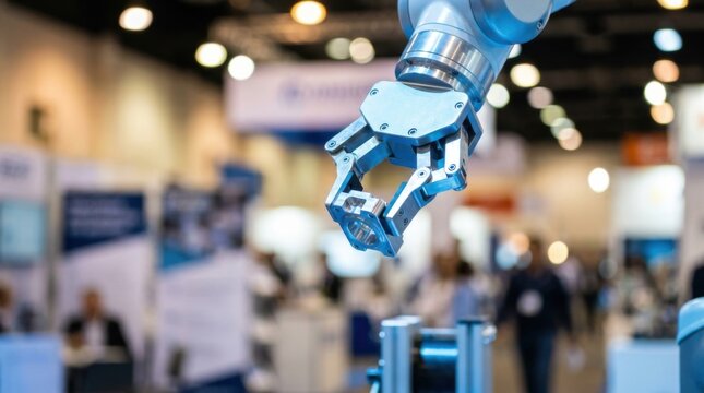 Six-axis robotic arm gripper manipulating a precision metal part at an industrial automation trade show