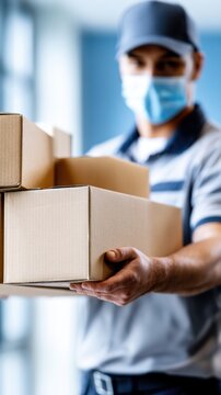 Delivery person wearing a protective face mask holding multiple cardboard parcels ready for contactless shipment or courier service in a modern urban setting