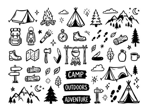 Camping and outdoor adventure doodle icons for nature trekking and hiking trips.