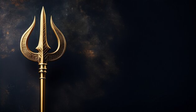 golden trident weapon of poseidon on dark background with copy space
