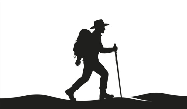 Hiker walking with hat and backpack vector illustration