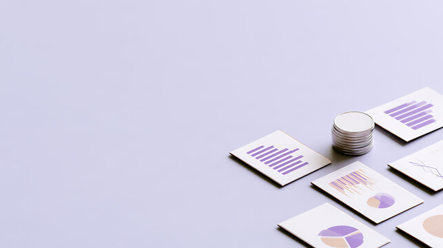 Business growth concept with stack of metal coin currency and purple financial chart infographic report paper sheet on simple minimalist background