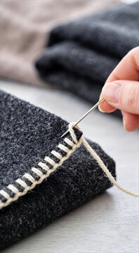 Close-up of hand sewing blanket stitch edging on charcoal wool fabric. Vertical photo of needle with cream yarn stitching blanket edge