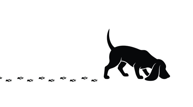 Black dog silhouette following scent trail with paw prints in simple graphic vector style