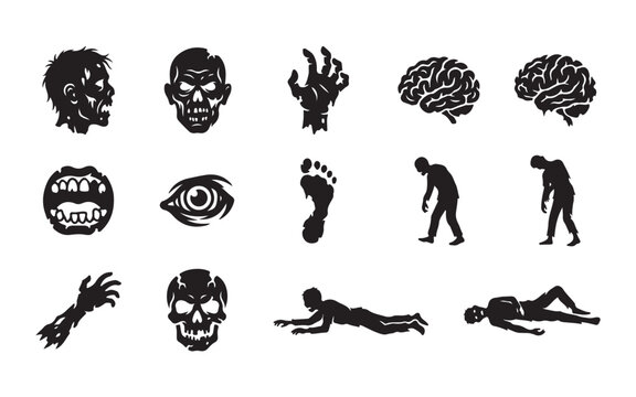 Black zombie horror vector silhouette set with brains and rotten limbs perfect for halloween designs.