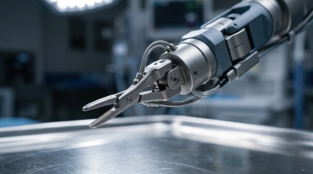 Robotic surgical arm with wristed forceps hovering over a sterile stainless steel instrument tray.