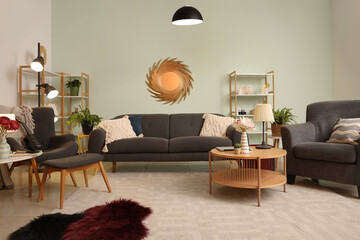 Interior design and home comfort, modern living room with grey sofa and cozy furniture for lifestyle and real estate marketing in a residential house © Pixel-Shot