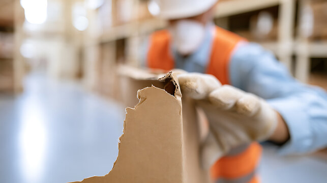Warehouse worker inspect damage on a cardboard box parcel package cargo shipment in logistics distribution center fulfillment store house