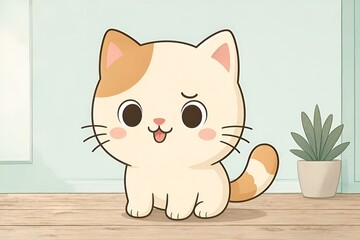 Fototapeta premium A Funny Cute Playful Happy Smiling Mascot Kawaii Cartoon White & Brown Orange Spotted Kitten Character Sitting in Front of Potted Plant in Minimalist Style. Art Sticker Drawing Illustration Sweet Meow