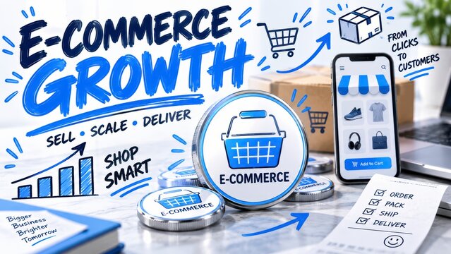 E-commerce growth coins with smartphone shopping app retail business