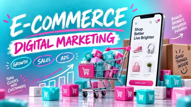 Smartphone shopping app with miniature cart and cubes e-commerce