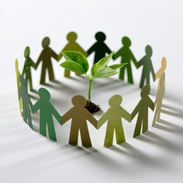 Paper human figures encircling a small green plant symbolizing unity and collective effort for environmental growth and sustainability concepts