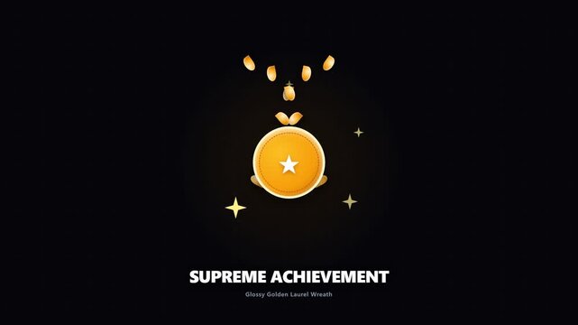 Gold medal icon with floating laurel leaves and stars on black background