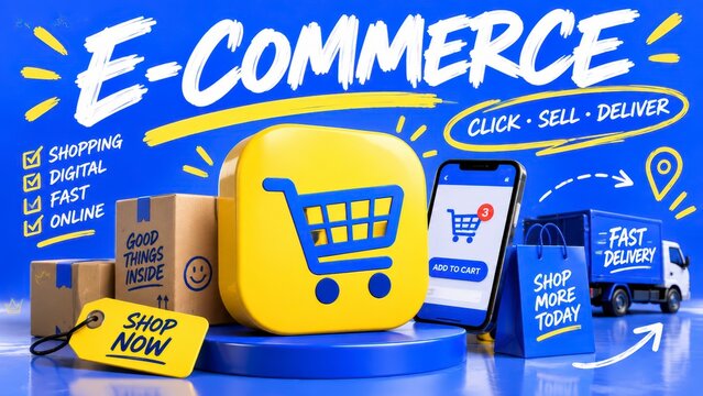 Shopping cart icon with smartphone and delivery truck online retail