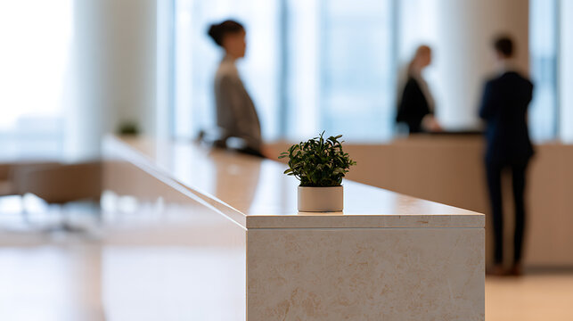 Modern office reception desk with small green plant in pot foreground and blurred professional business people stand background interior view
