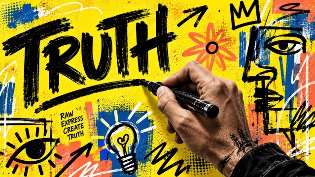 Hand drawing truth word with marker on graffiti wall expression