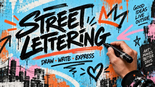 Hand drawing street lettering on wall urban expression