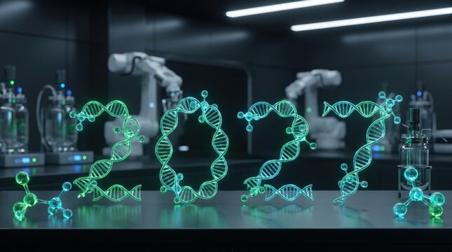 Glowing DNA strands forming the year 2027 in a modern biotechnology laboratory with copy space