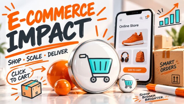 Smartphone with shopping app and cart icon e-commerce business growth