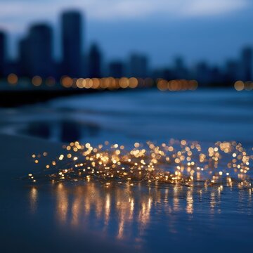 Warm string lights glowing softly on a wet surface at dusk with a blurred city skyline and bokeh streetlights in the background creating a peaceful urban ambian