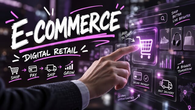Hand touching virtual shopping cart interface online retail business